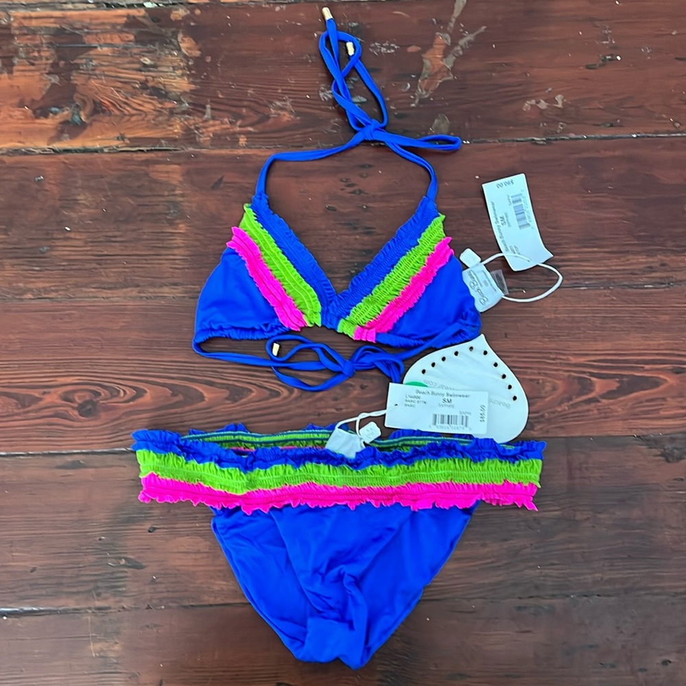 Adorable Blue with Green and Pink Ruffles Bikini Gold Hardware NWT S